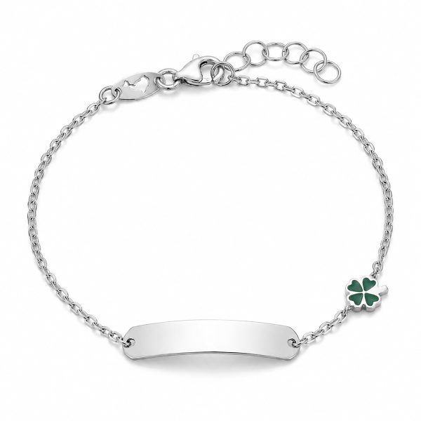 Детска златна гривна LUCKY CLOVER с плочка за гравиране в бяло злато