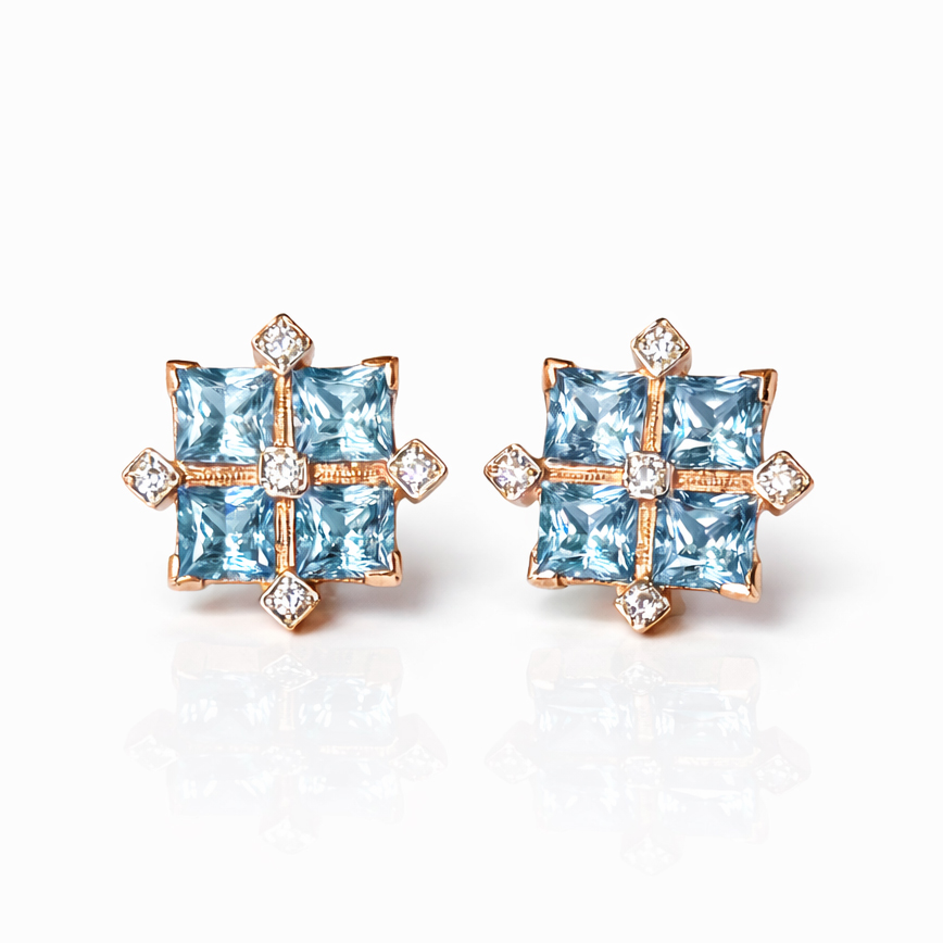 Обеци розово злато с аквамарин и циркон