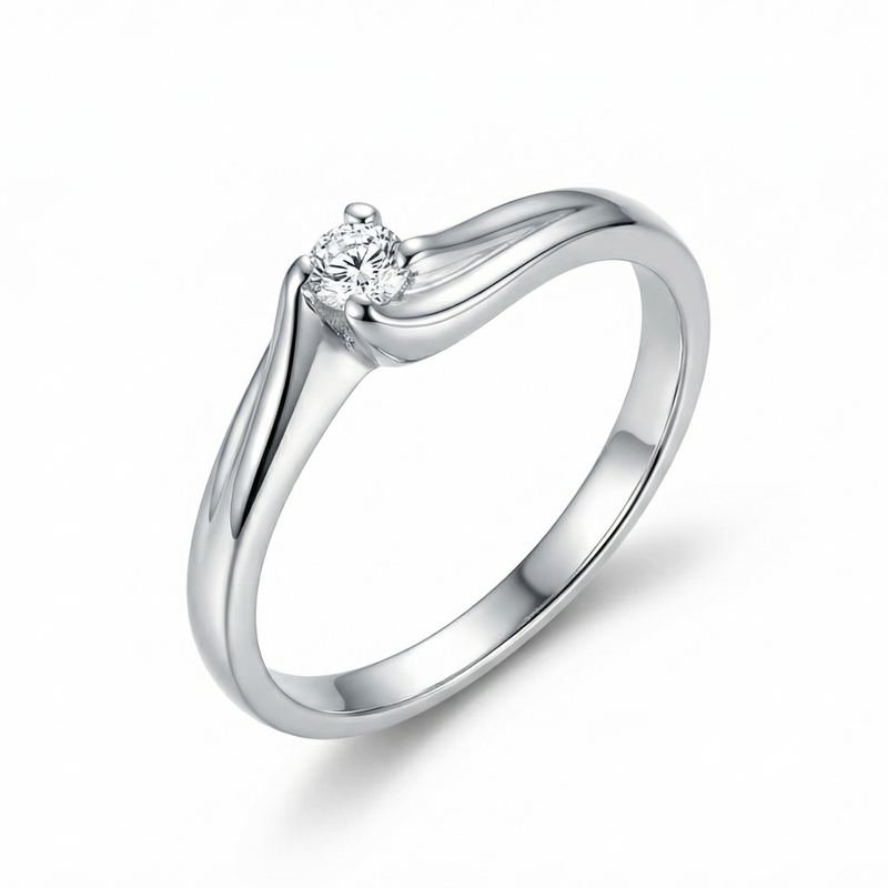 Класически извит годежен пръстен пръстен от бяло злато с един централен камък