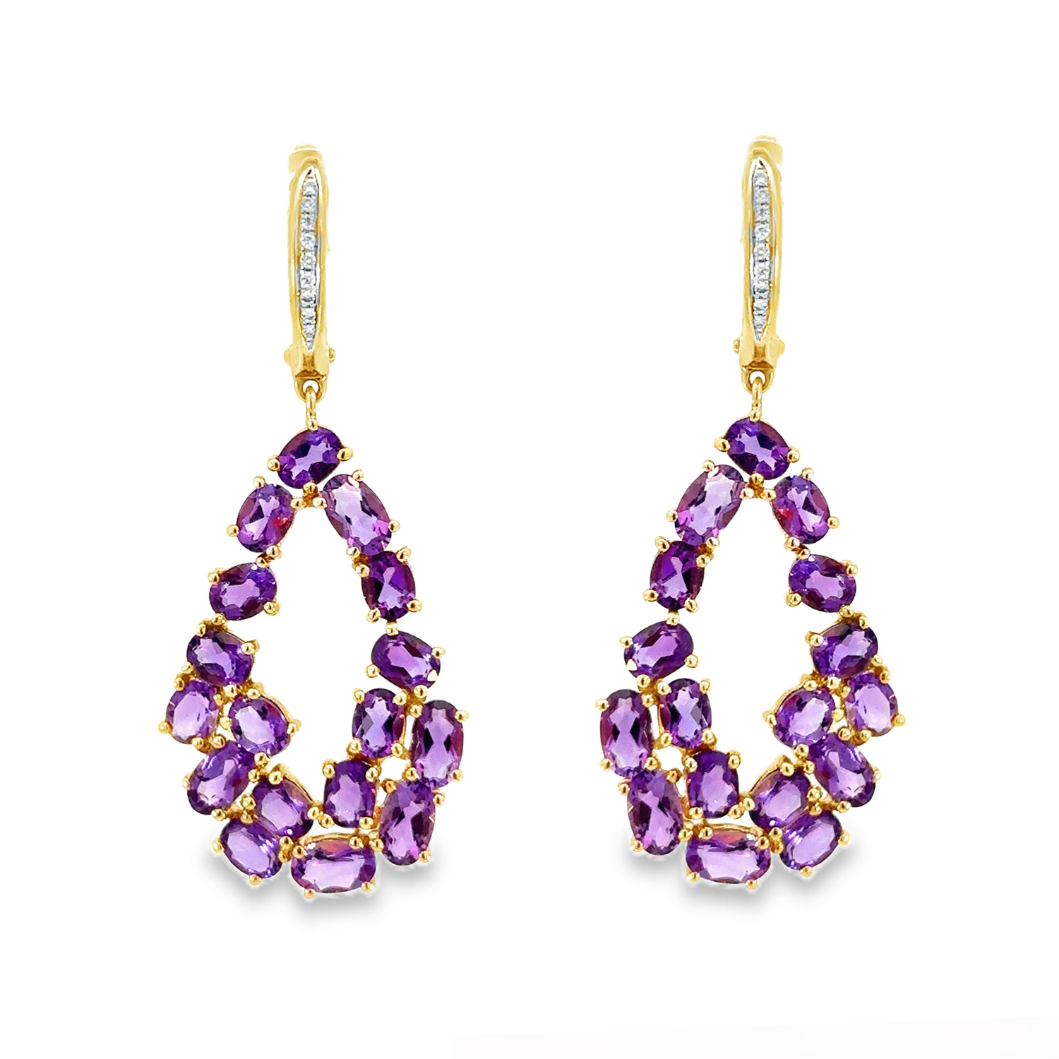 Обици жълто злато с диаманти и аметист