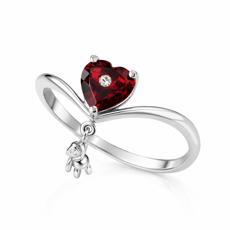 Пръстен с камък сърце и диамант гранат bear love е