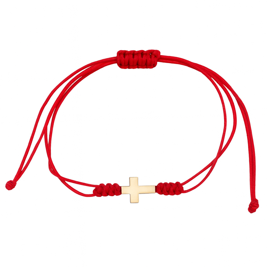 Червен конец със златен кръст от жълто злато