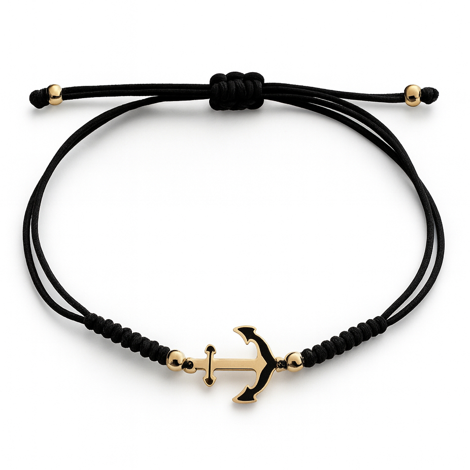 Черен конец плетена гривна за мъж и за жена с котва от жълто злато