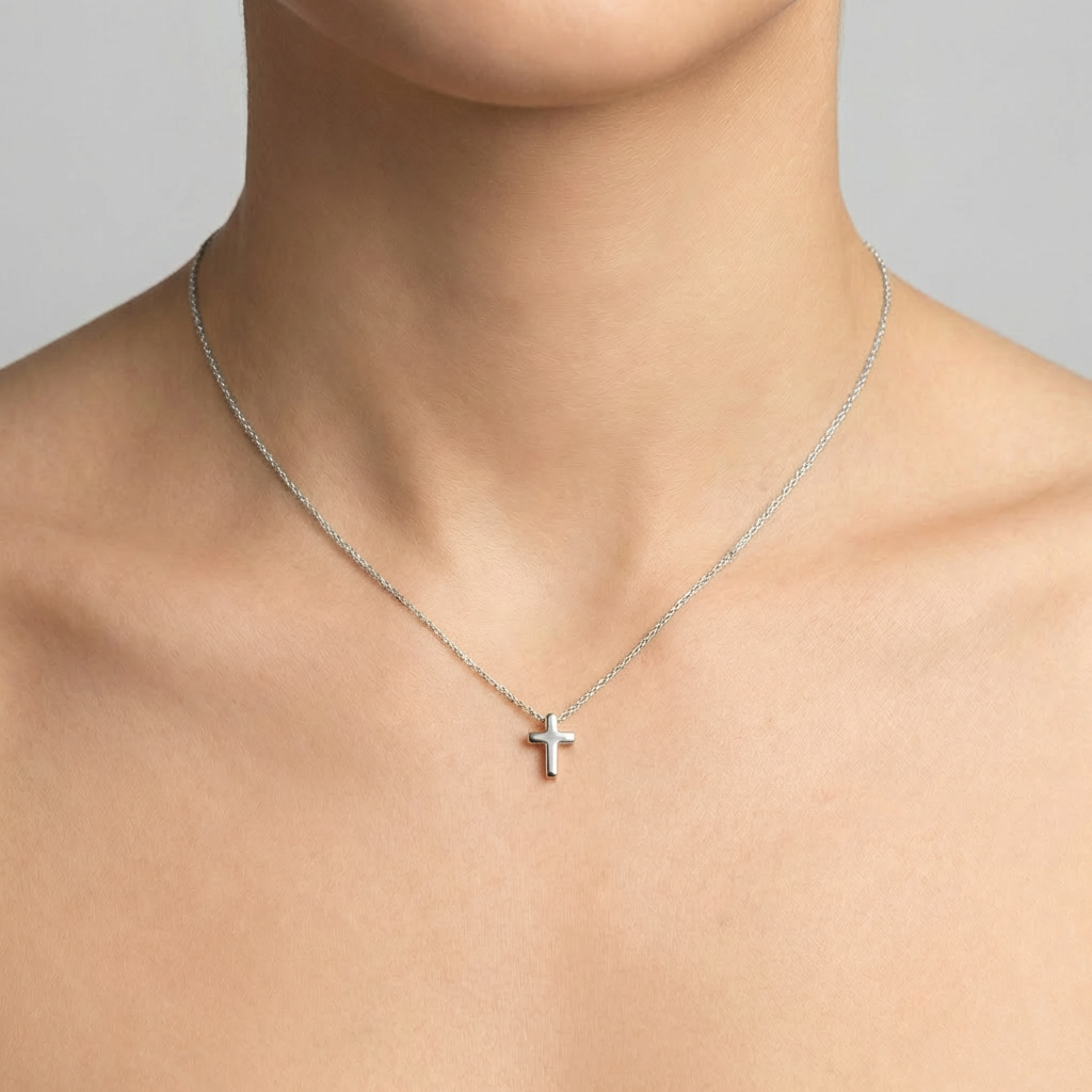 Бяло злато синджирче с малко златно кръстче без камъни циркон, идеален подарък за кръщене 3