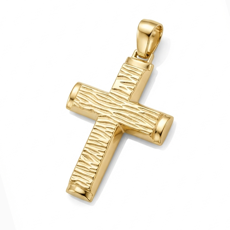 Златен кръст от жълто злато с релефна текстура Timber Cross