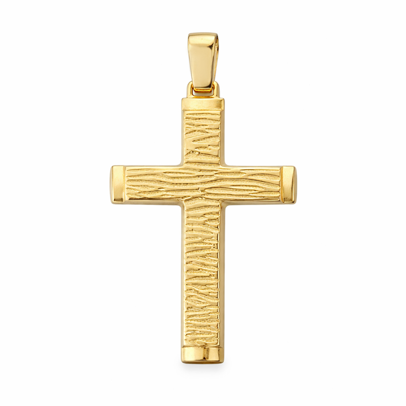 Златен кръст от жълто злато с релефна текстура Timber Cross