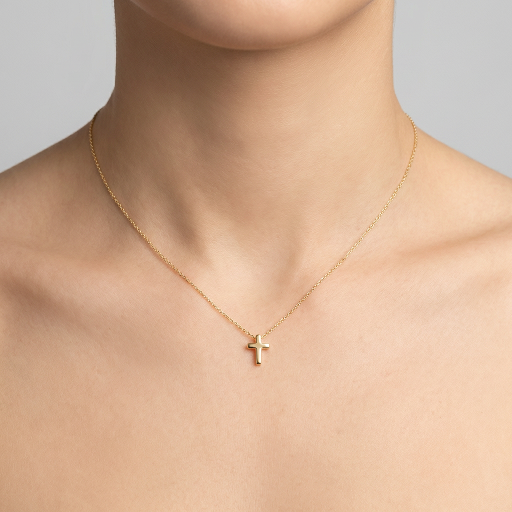 жълто злато синджирче с малко златно кръстче без камъни циркон, идеален подарък за кръщене 3