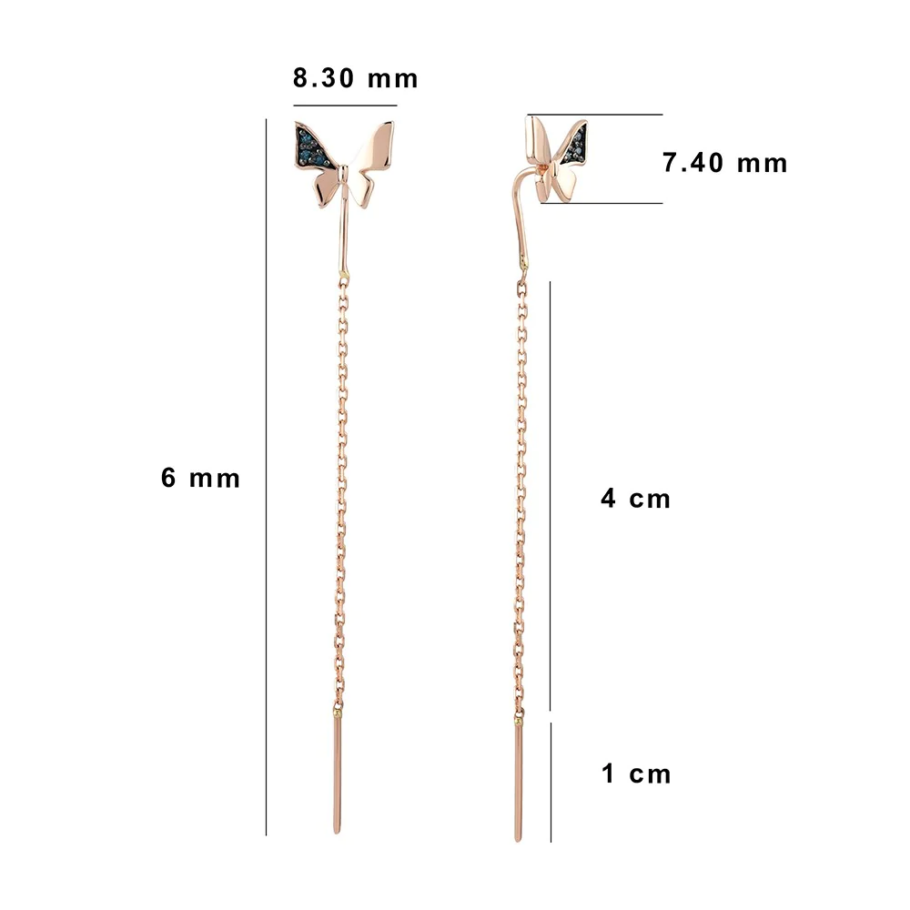 Обеци през ухото от жълто злато Пеперуди