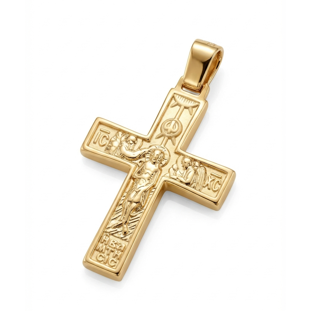 Православен златен кръст с две лица от жълто злато Holy Protection