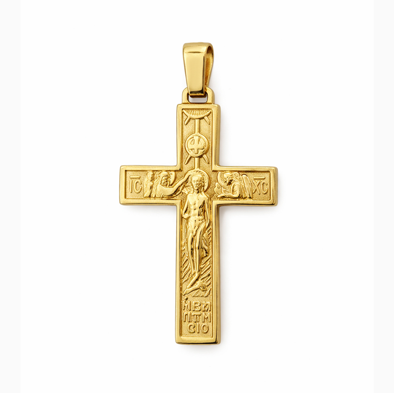 Православен златен кръст с две лица от жълто злато Holy Protection