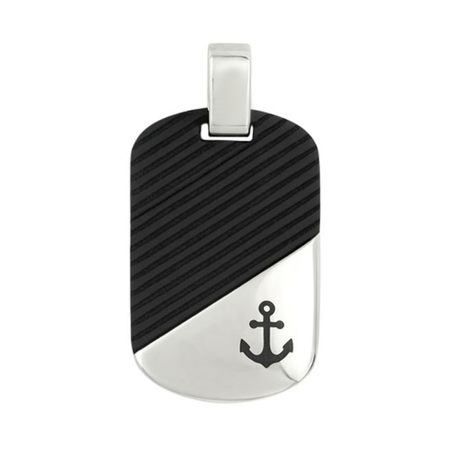 Мъжка златна висулка плочка с карбон и бяло злато с котва