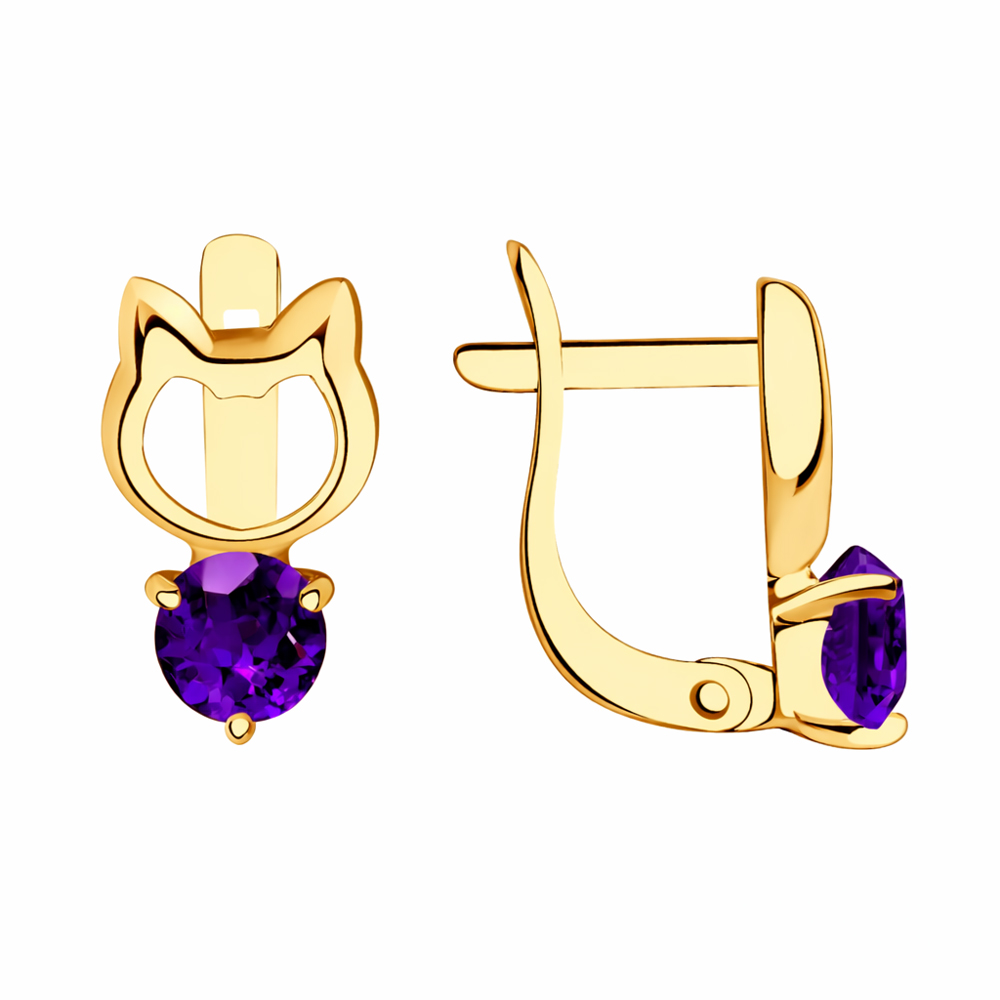 Златни детски обици с аметист котки