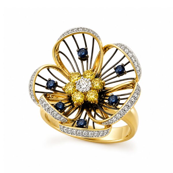 Диамантен пръстен Royal Blossom от 14K жълто злато със сапфири