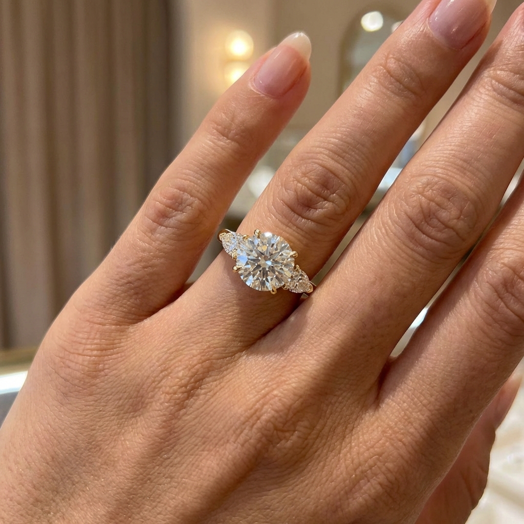 Лабораторен димант върху годежен пръстен жълто злато