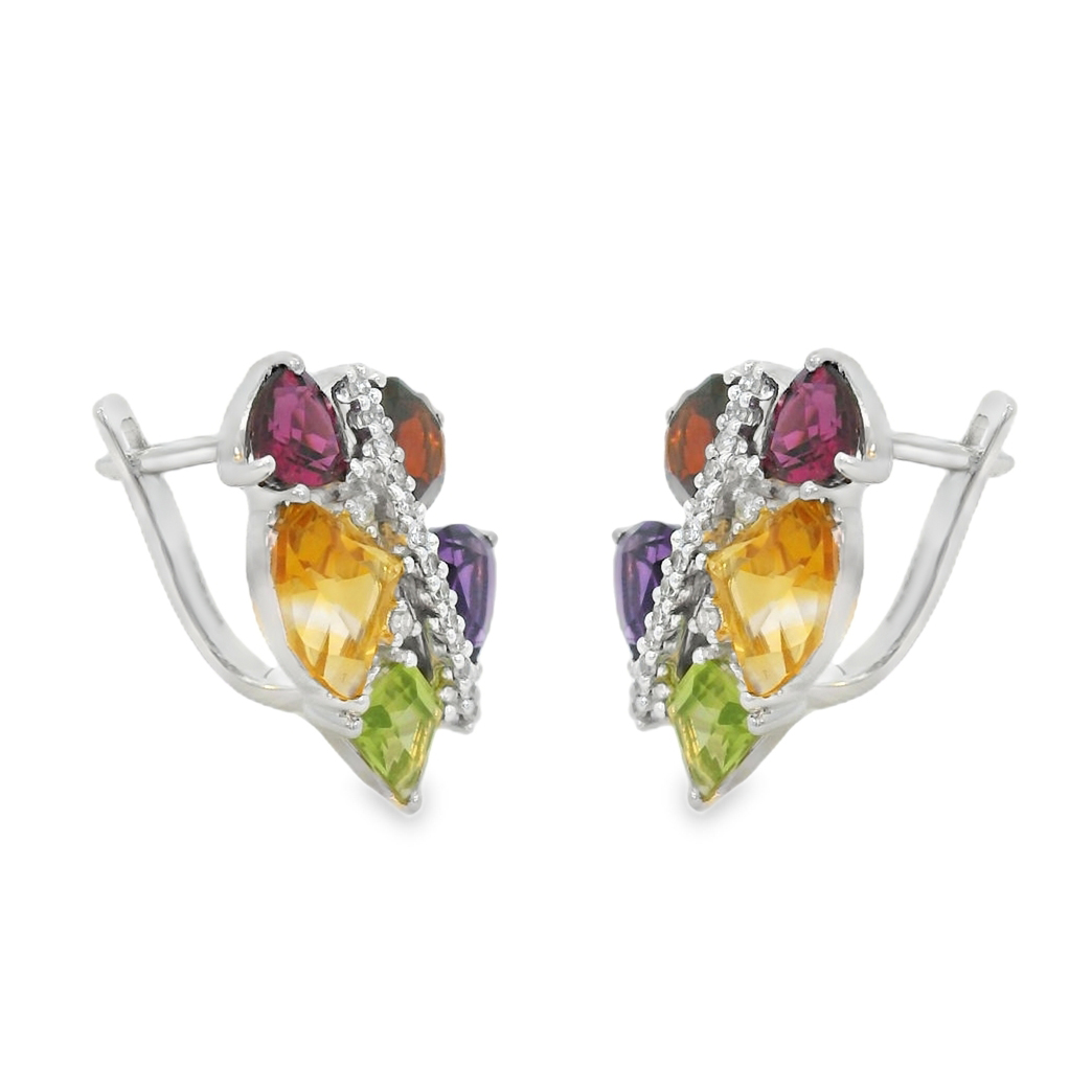 Бяло злато обици с диаманти и цветни естествени камъни с английска закопчалка .