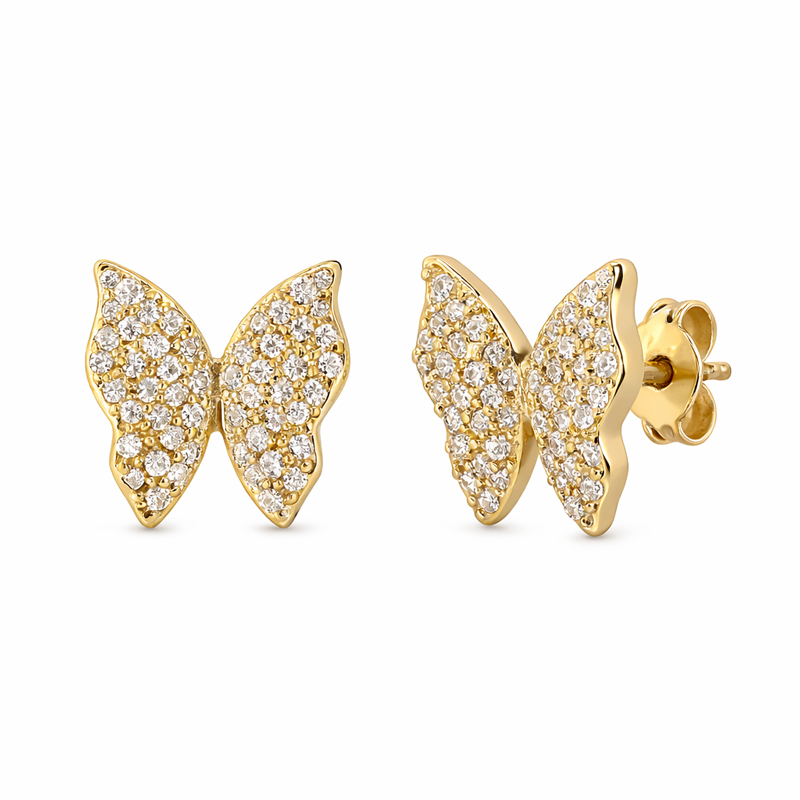 Златни обици на винт във формата на пеперуди с камъни циркон