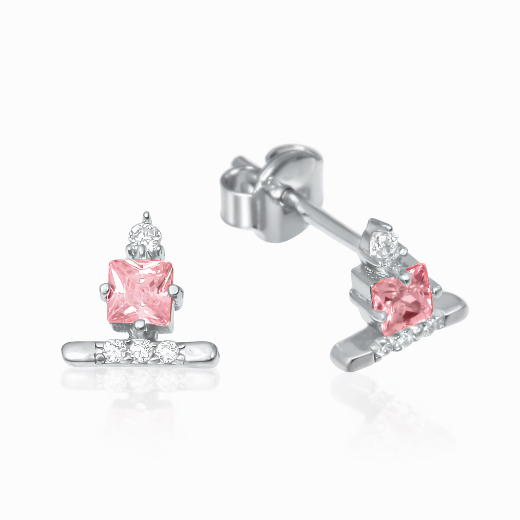 Златни обици на винт от бяло злато с камъни циркон скарлет