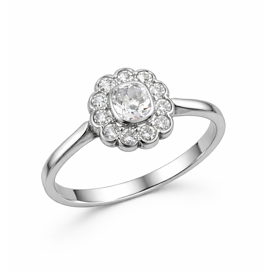 14К диамантен пръстен Lora | Бяло злато с централен диамант и ореол