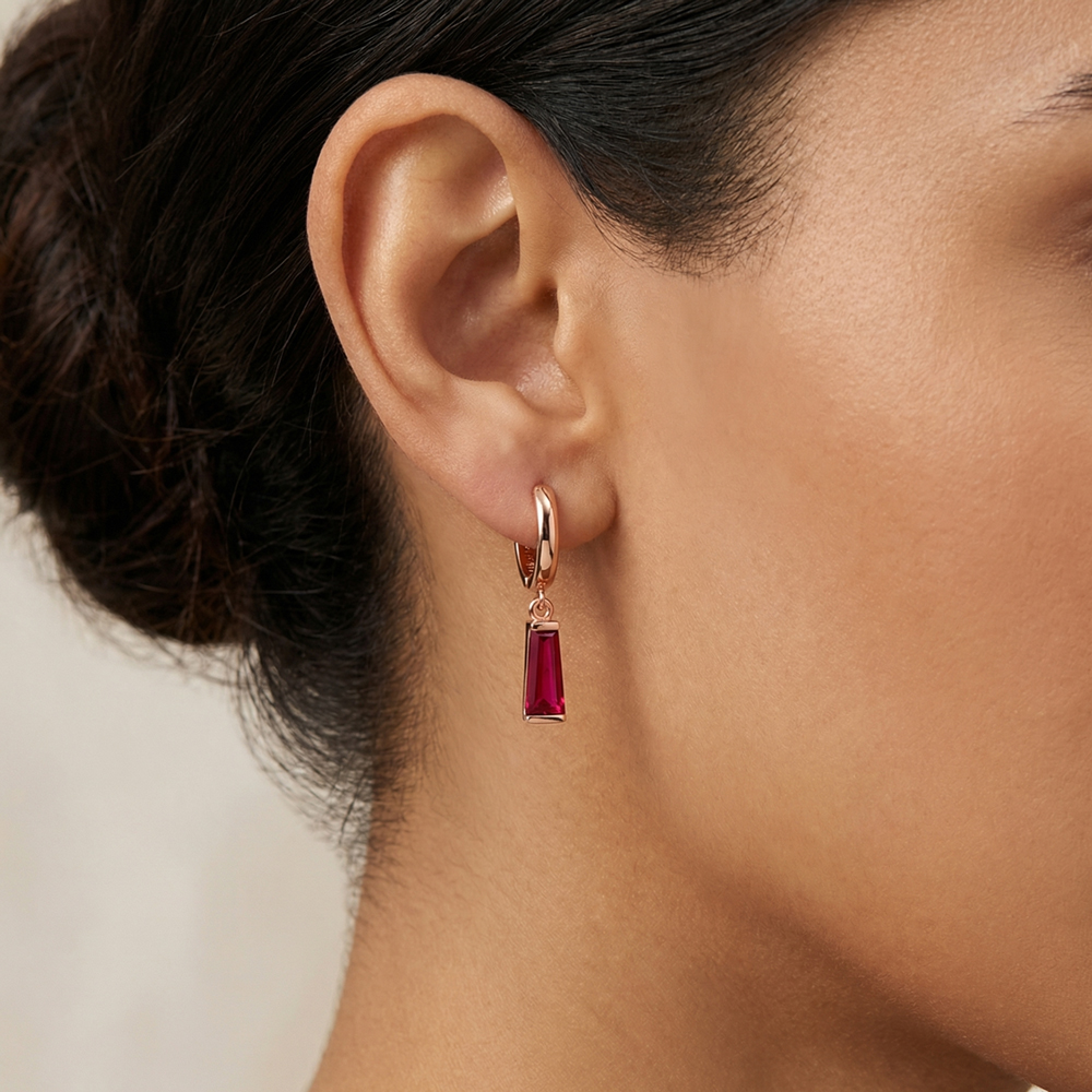 Висящи обеци RUBY DROP – розово злато с червен камък