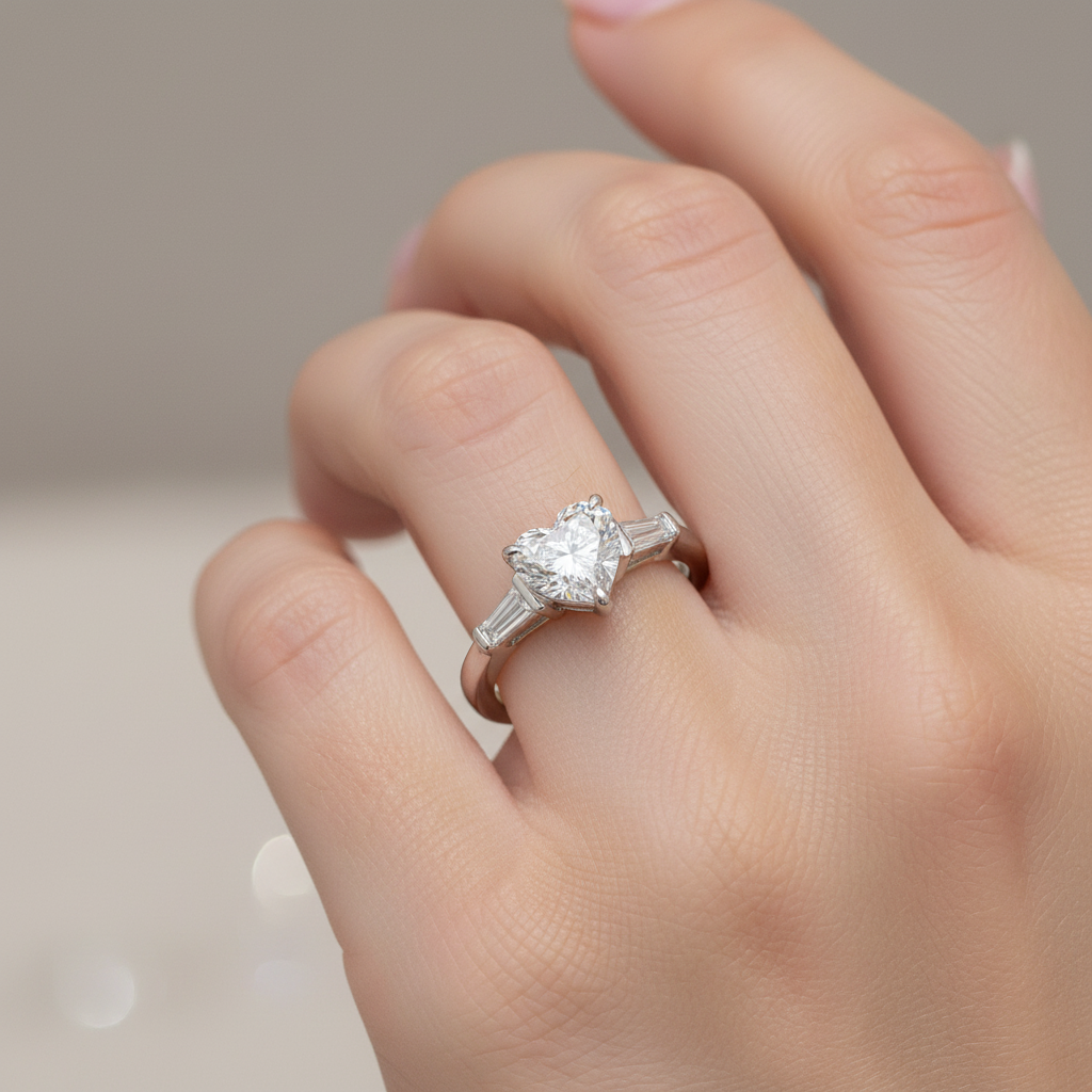 Годежен пръстен от бяло злато със сърцевиден лабораторен диамант – символ на любов и елегантност