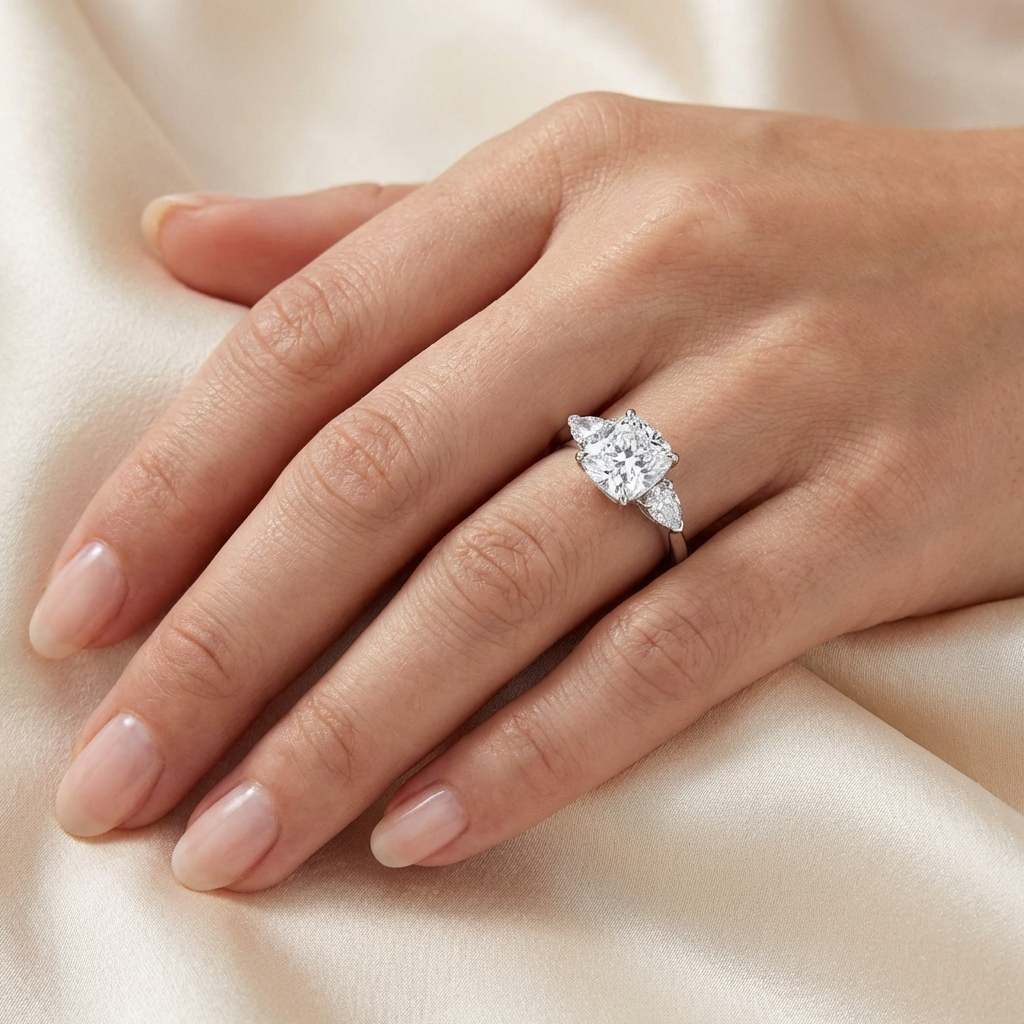 Диамантен годежен пръстен с квадратен голя диамант лаболаторно създаден , бяло злато