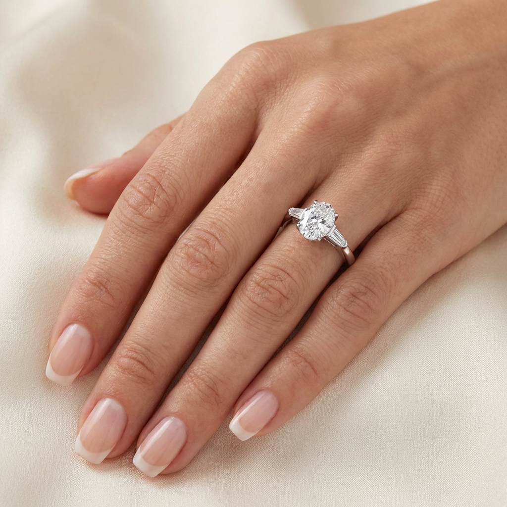 Диамантен пръстен с лабораторен диамант овал и странични диаманти , бяло злато