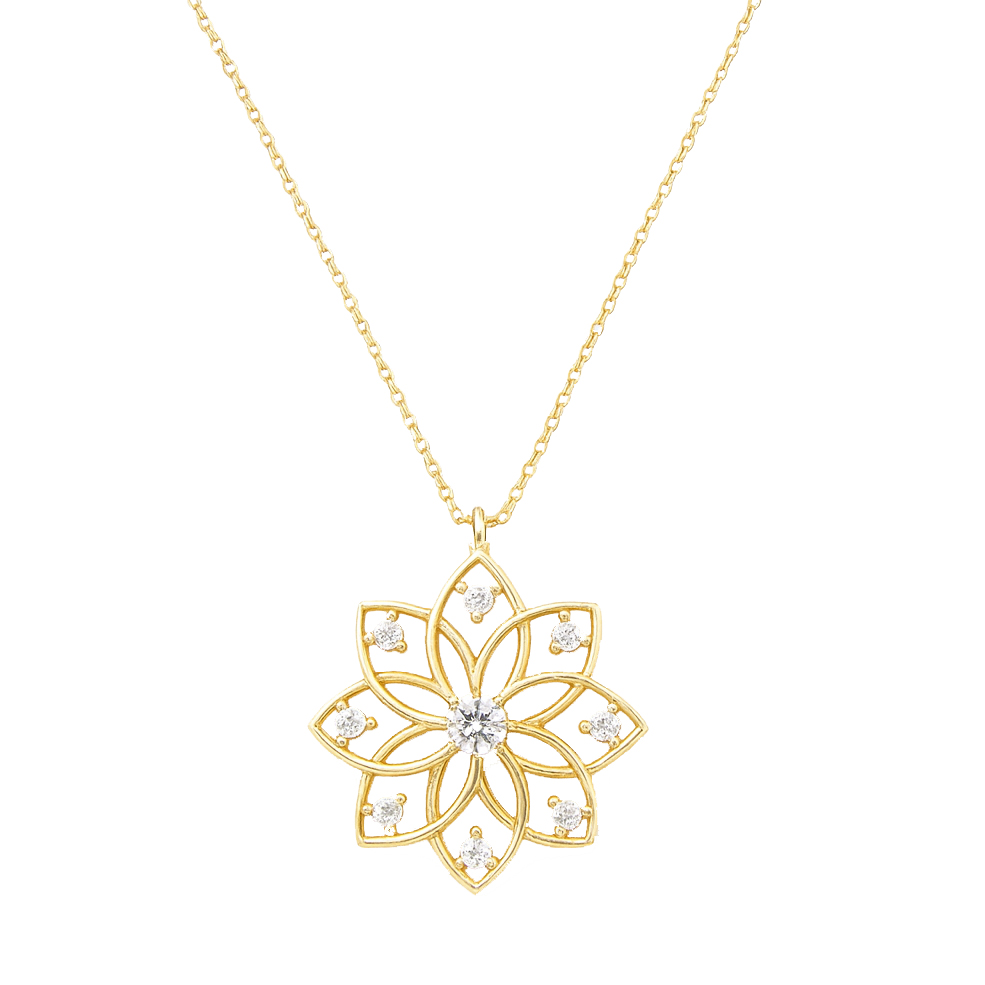 Жълто злато колие с висулка цвете и камъни циркон