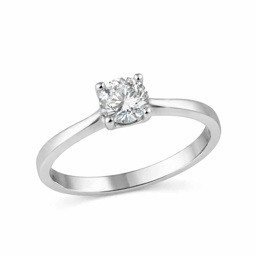 Малък размер годежен пръстен бяло злато с голям централен камък циркон