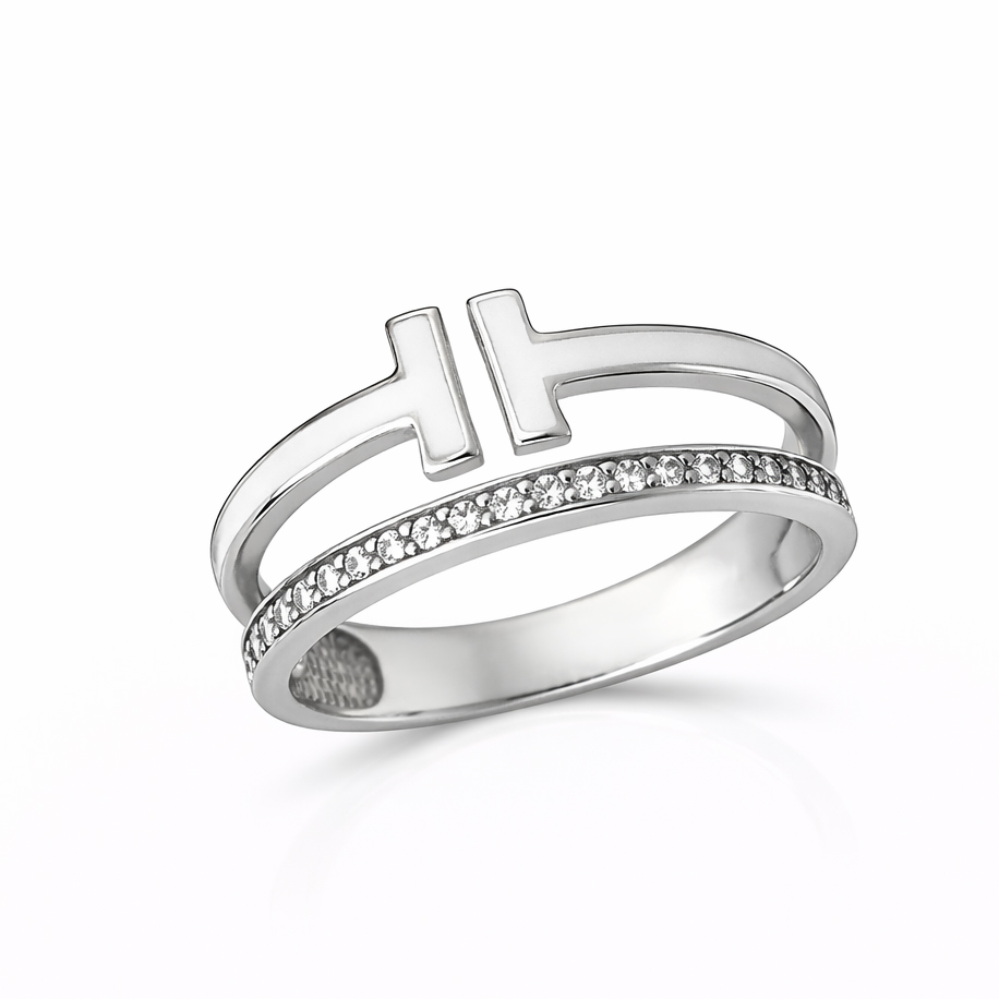 Пръстен бяло злато с бял емайл