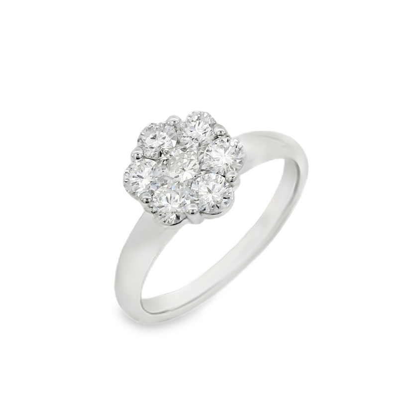 Диамантен годежен пръстен със седем диаманта от бяло злато във формата на цвете