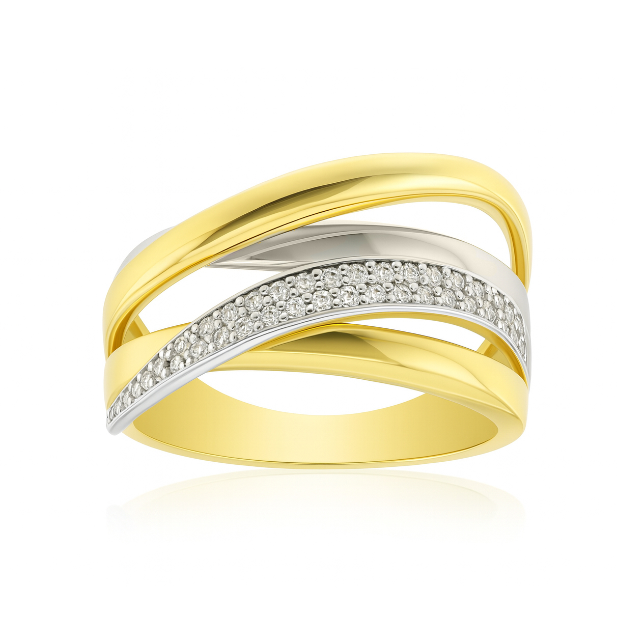 Красив дамски оръстен много халки в едно с камъни циркон бяло и жълто злато