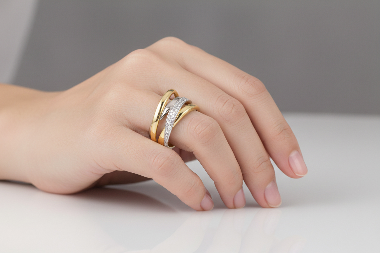 Красив дамски оръстен много халки в едно с камъни циркон бяло и жълто злато