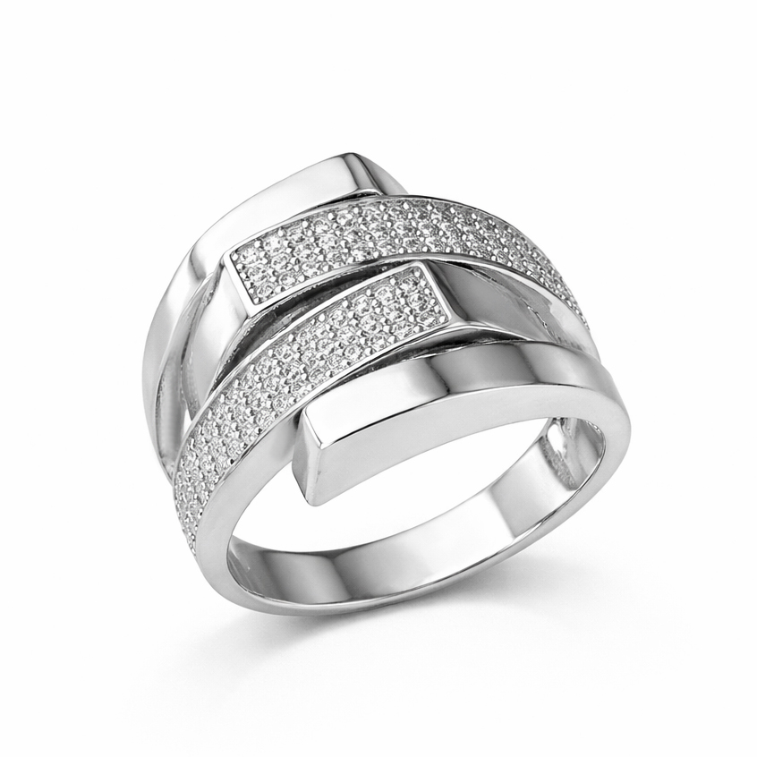 Масивен пръстен от бяло злато NANSI с преплетен дизайн и инкрустирани циркони – модерен стил с изразителен блясък.