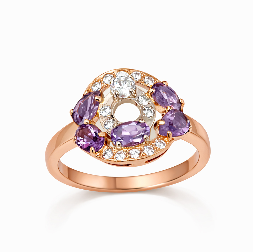 Пръстен розово злато с аметист и циркон
