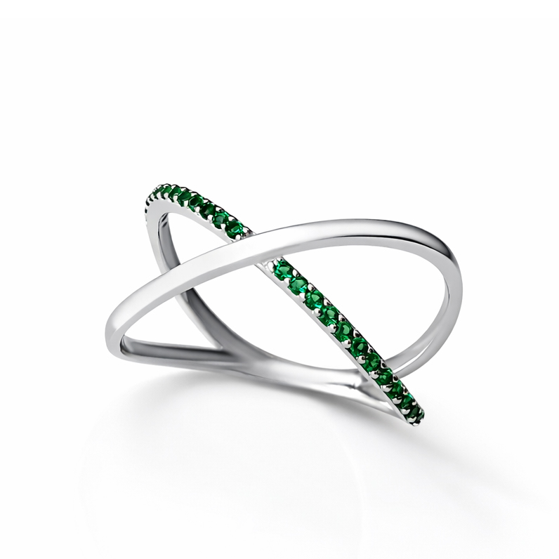 Пръстен бяло злато кръстосан пръстен на хикс DARIA с изумруд