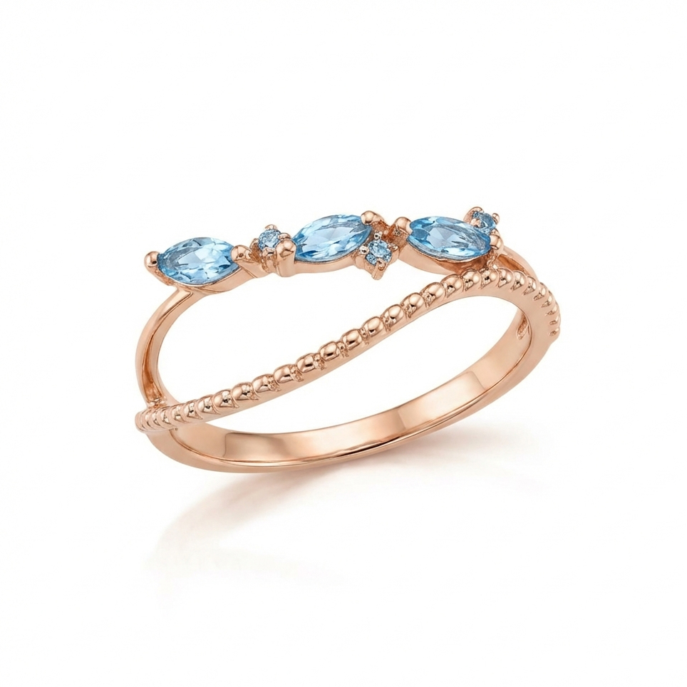Пръстен розово злато с камъни аквамарин . нежен златен пръстен от розово злато