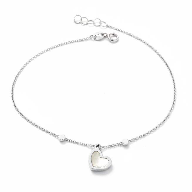 Бяло злато нежна тънка гривничка с висящо сърце с камък перламута