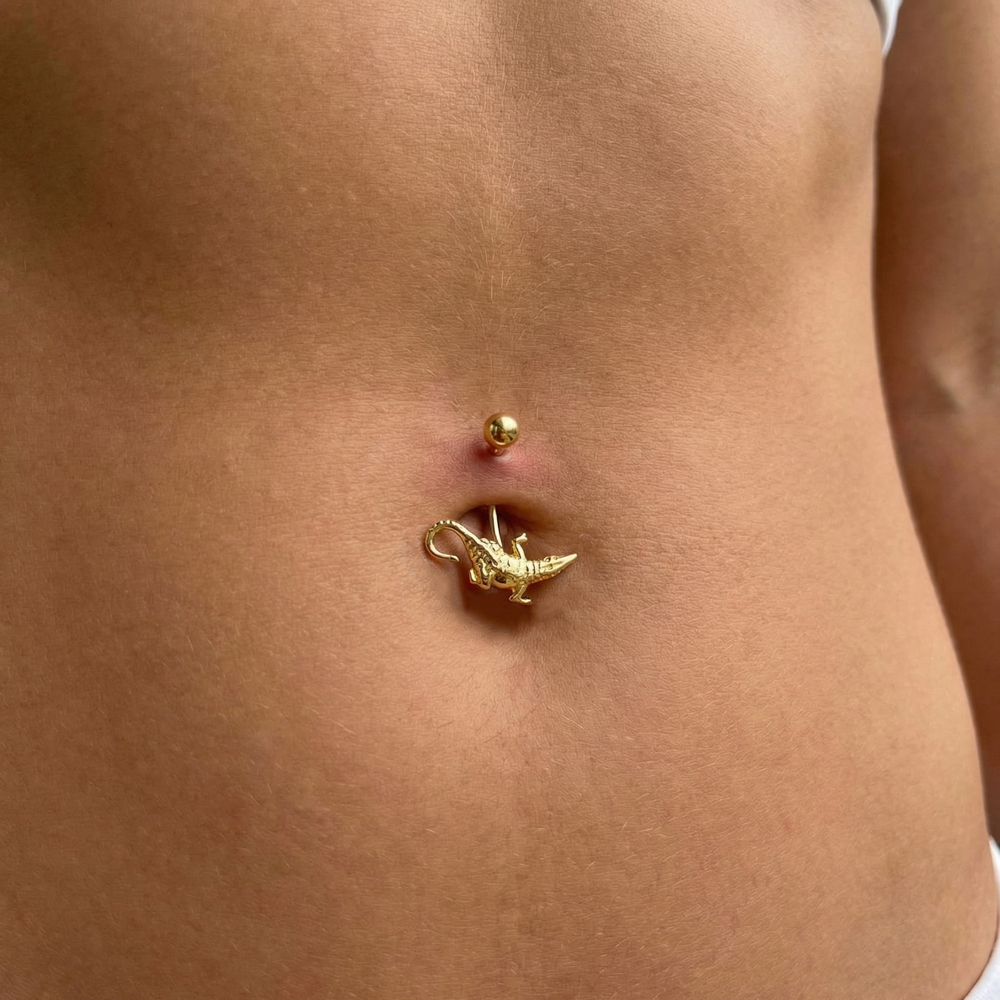 Златен пиърсинг за пъп крокодил CROCO – златна обица за пъп