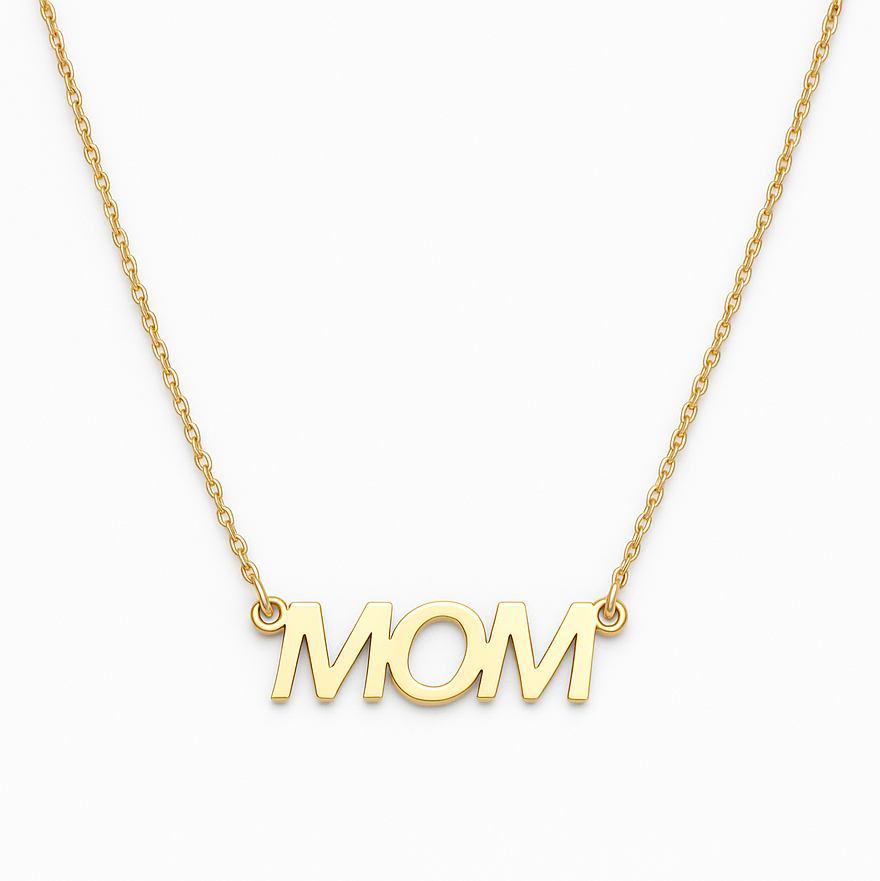 Златно колие с надпис мама - МОМ без камъни циркон