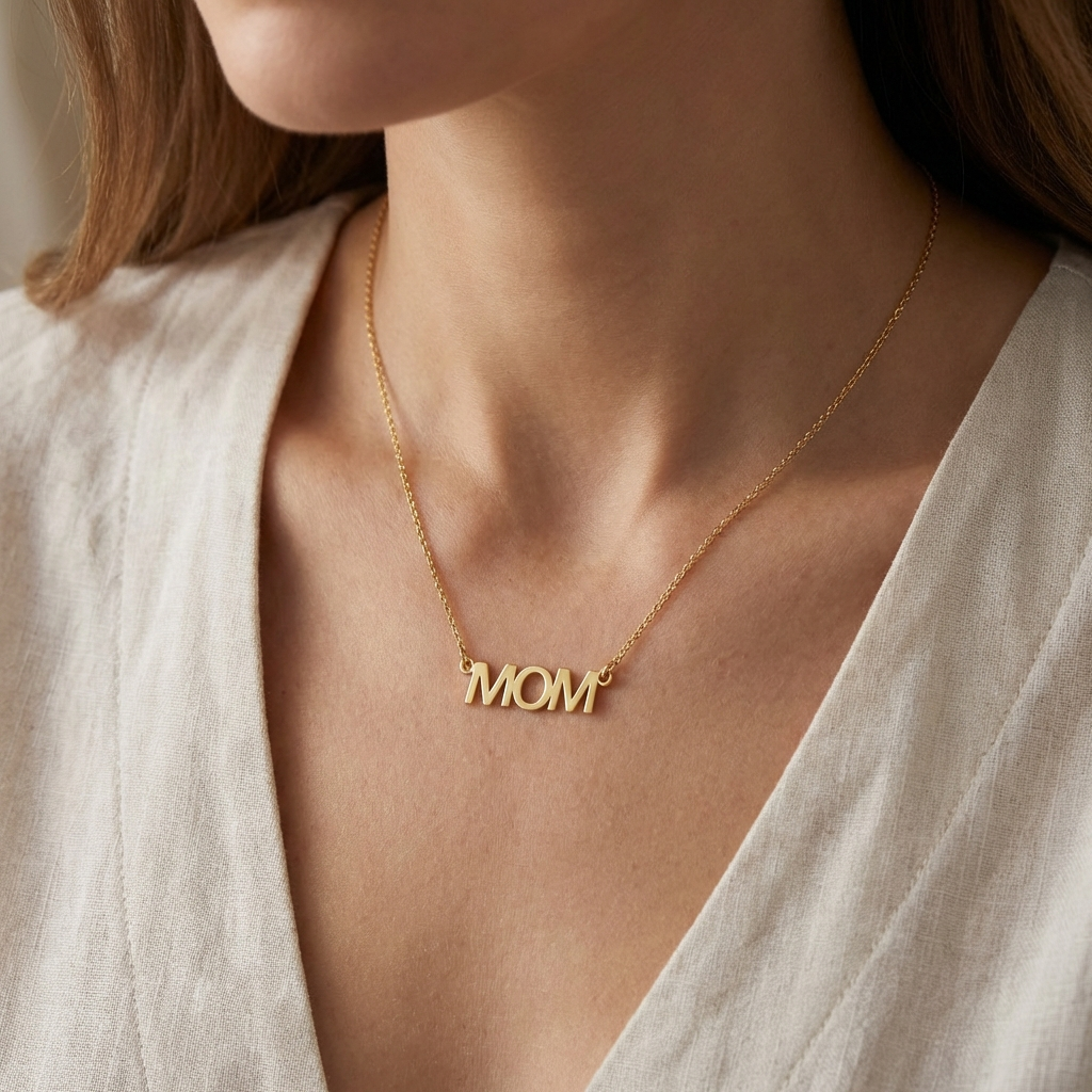 Златно колие с надпис мама - МОМ без камъни циркон