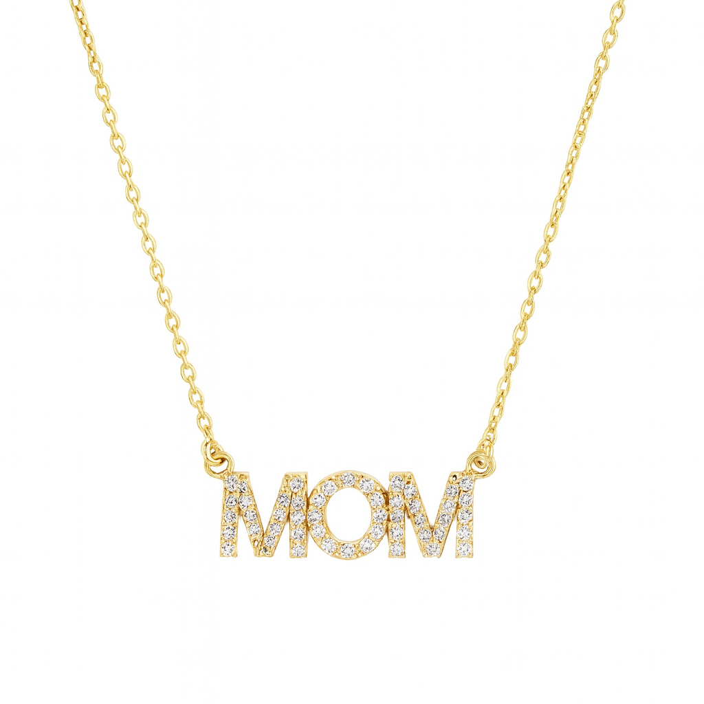 Златно колие с надпис мама - МОМ с камъни циркон