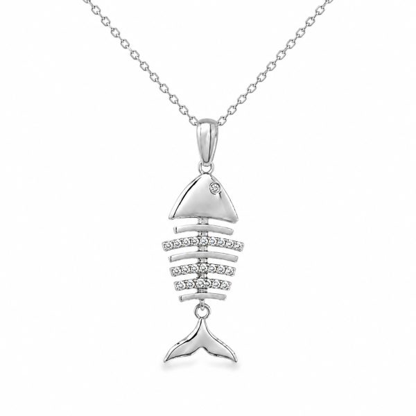 Колие бяло злато кост на риба с камъни циркон fish bone