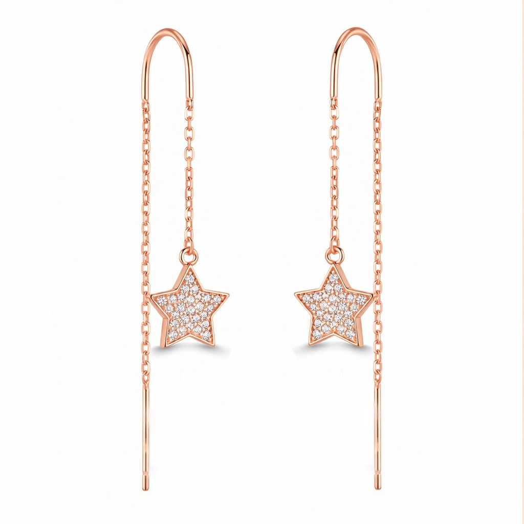 Висящи обеци AURORA STAR – розово злато със звезда и камъни