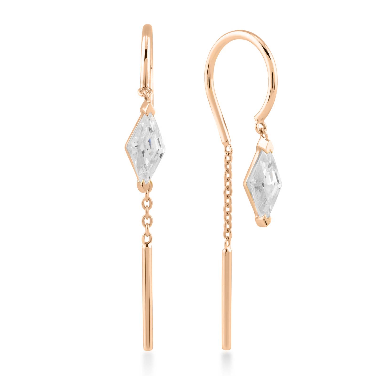 Златни обици висящи от розово злато с камък циркон