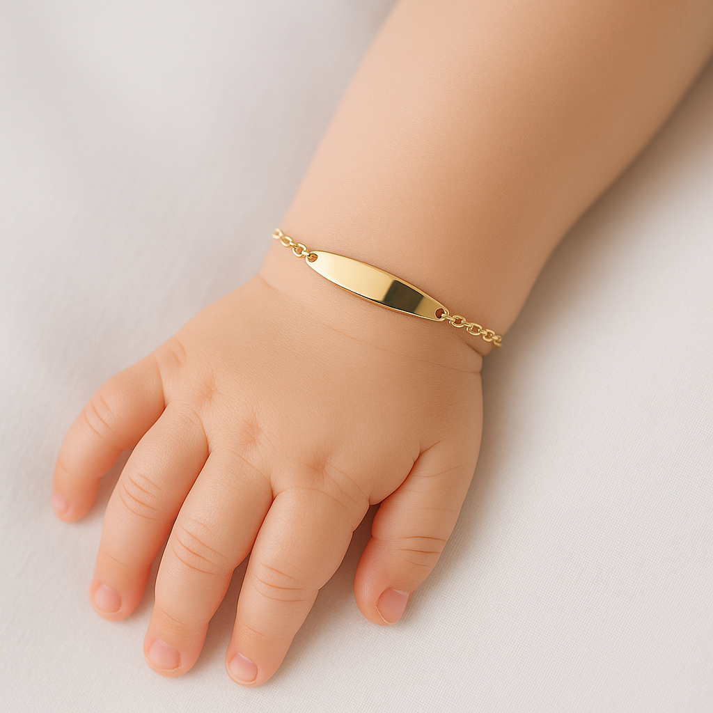 Бебешка златна гривна с плочка за гравиране Baby Grace