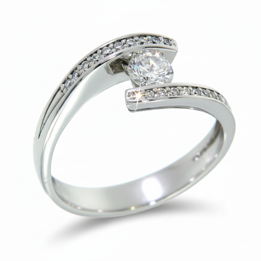 Годежен пръстен от бяло злато с камъни циркон с инкостирани камъни