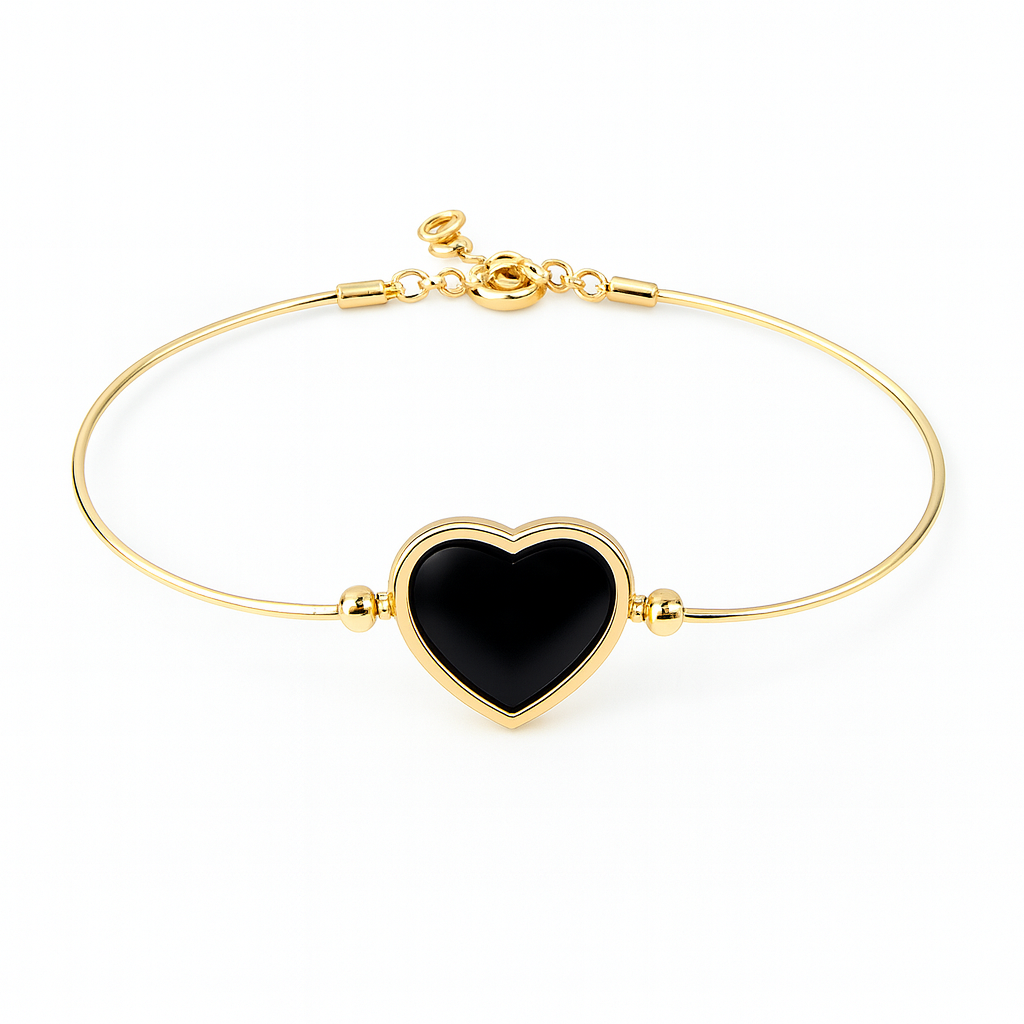 Твърда златна гривна от жълто злато със сърце и камък оникс