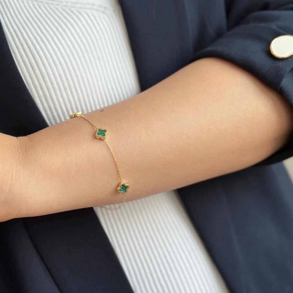 Златна гривна Clover Van Cleef от жълто злато с камъни малахит