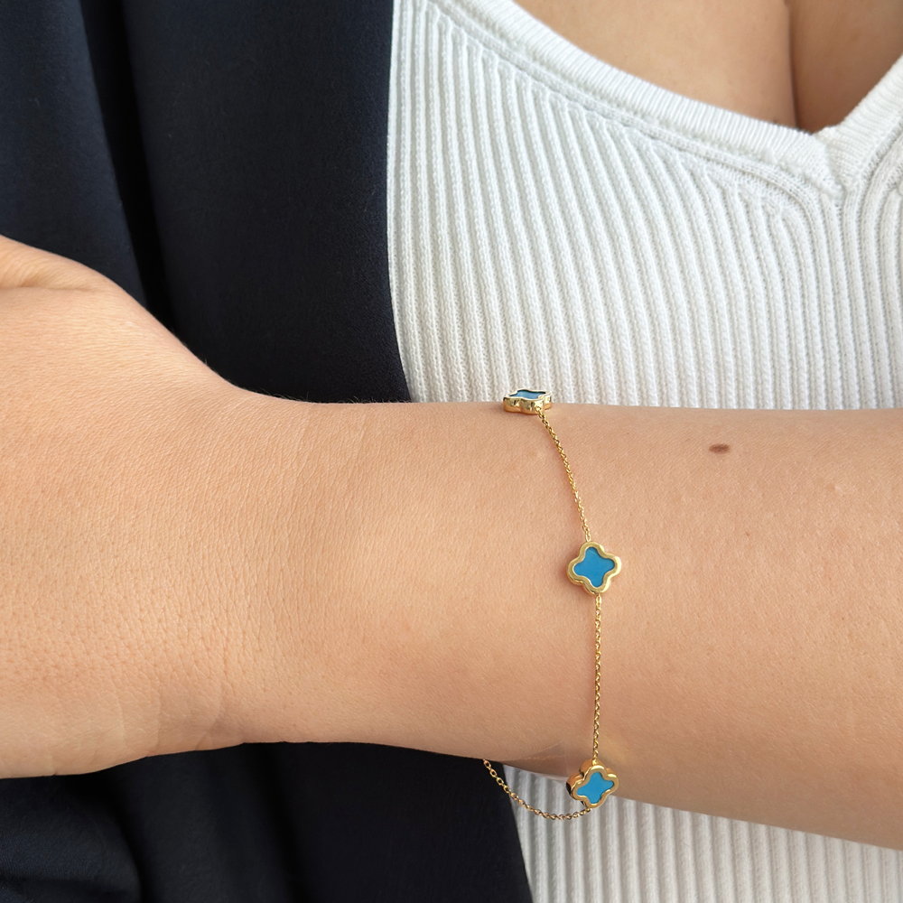 Златна гривна Clover Van Cleef от жълто злато с камъни тюркоаз