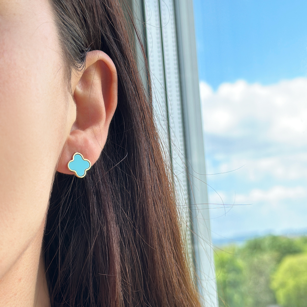 Обици ван клиф жълто злато с тюркоаз Clover Van Cleef